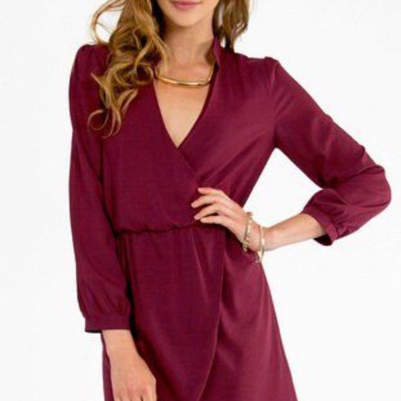 TULIPS ARE BETTER THAN ONE BURGUNDY WRAP DRESS - Picture 3 of 3
